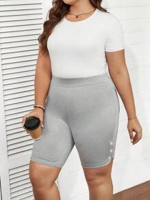 SHEIN LUNE Plus Size 3pcs/Set High Elasticity Sports & Casual & Daily Basic Shorts Set With Side Wooden Button & Buckle Decor, For Women