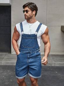 Manfinity Homme 1Pc Men's Solid Pocket Dungaree Shorts Baggy Overall Plain Navy Blue - Blue - View 5