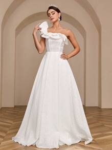SHEIN Belle One-Shoulder Ruffled Edge Wedding Dress With Back Tie - White - View 5