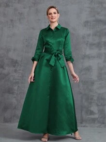 Vestido Formal De Satén Para Mujer Con Manga 3/4 - Verde Oscuro - Ver 4