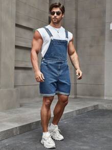 Manfinity Homme 1Pc Men's Solid Pocket Dungaree Shorts Baggy Overall Plain Navy Blue - Blue - View 6