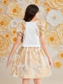 SHEIN Tween Girls' Square Neckline Ruffle Trim Top And Jacquard A-Line Skirt Set