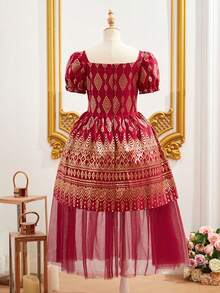 SHEIN Cô gái Tween Thanh lịch Buổi tiệc Long lanh Lưới Đầm Với Lá vàng - Đỏ - Xem 2