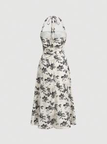 SHEIN MOD Women's Floral Print Halter Neck Dress - Black and White - View 2