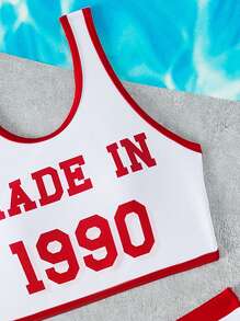 Insieme tankini senza maniche con motivo digitale per ragazze tween, abbigliamento da spiaggia stile sportivo