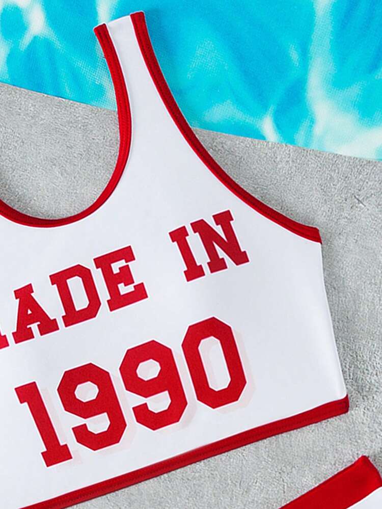 Tween Girls' Digital Print Sleeveless Tankini Set, Sports Style Beachwear