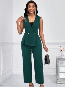 SHEIN Clasi 女性無袖雙排扣西裝套裝 - 酒紅色 - 查看 3