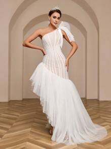 SHEIN Belle One Shoulder Asymmetrical Hem Tulle Wedding Dress - White - View 7