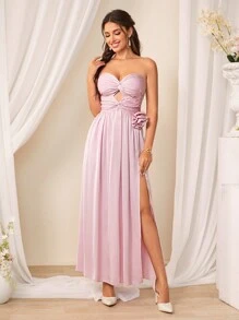 SHEIN Belle Solid Color Twisted Knot & Hollow Out & 3d Flower Decor High Split Strapless Bridesmaid Dress - Pink - View 4