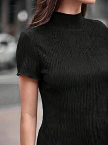 SHEIN Frenchy 女性純色立領短袖上衣和長褲套裝 - 黑色 - 查看 2