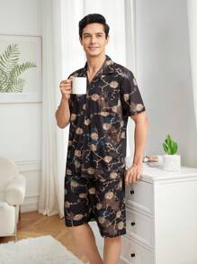 男士花卉印花重改領短袖襯衫和短褲睡衣套裝 - 黑色 - 查看 4