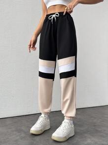 SHEIN Cottnline Women's Color Block Drawstring Waist Cuffed Jogger Pants - Beige - View 3