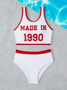 Insieme tankini senza maniche con motivo digitale per ragazze tween, abbigliamento da spiaggia stile sportivo