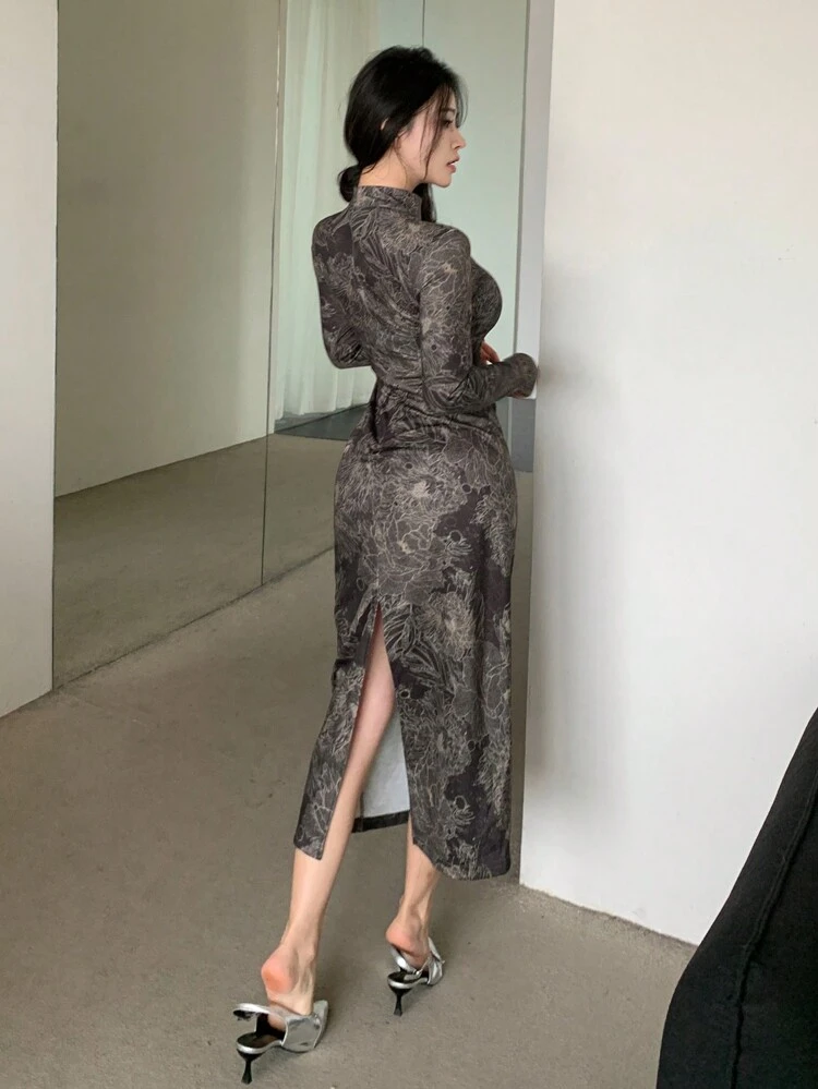 Women's Stand Collar Long Sleeve Multicolor Floral Print Design Sense Dress