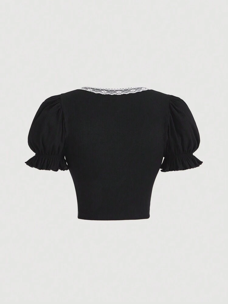 Ladies' Contrast Color Lace Trim Puff Sleeve T-Shirt