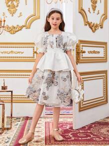 SHEIN Blusa Quadrada Tradicional e Fofa com mangas bufantes para meninas pré-adolescentes