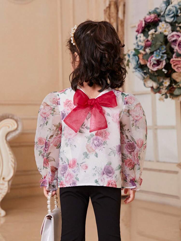 Young Girl Loose & Cute Vacation Style Stand Collar Flower Pattern Printed Shirt With Back Bowknot