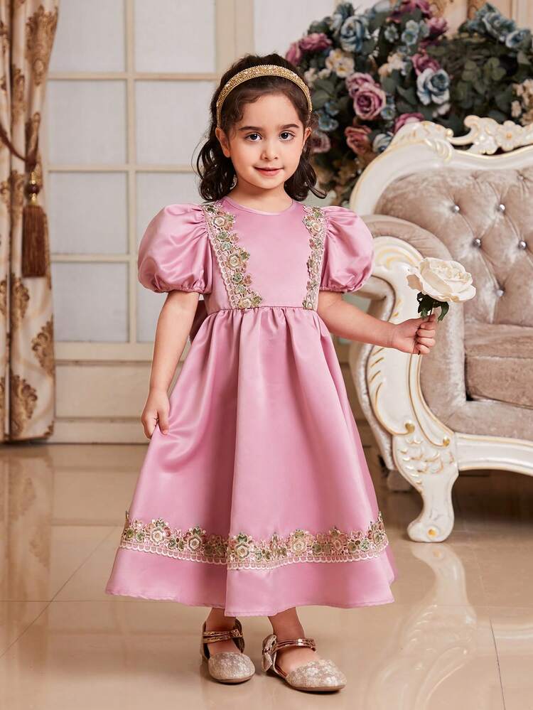 Young Girl Cute Round Neck Puff Sleeves Dress With Bowknot Back