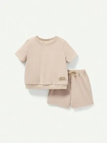 Cozy Pixies 4pcs Baby Boys' Solid Color Decorative Woven Label Short Sleeve Pullover Top And Shorts Set Matching Set - Khaki - View 13