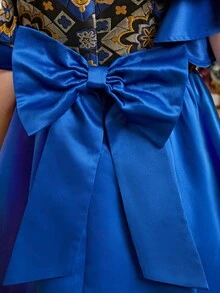 SHEIN Tween女孩可愛的圓領短袖拼接布料中長裙 - 藍色 - 查看 4