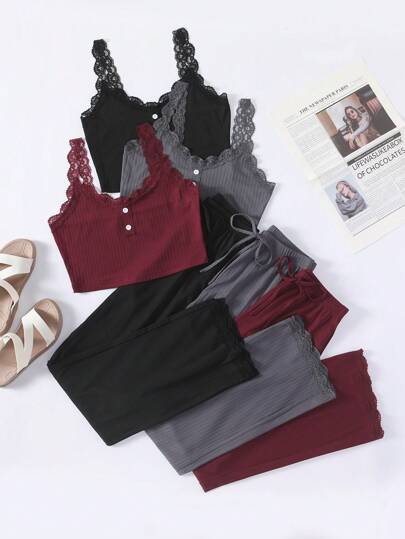 SHEIN طقم بيجامة نسائي 3 قطع مكون من فوق بدون أكمام ببقع من أقمشة الدانتيل وبنطلون