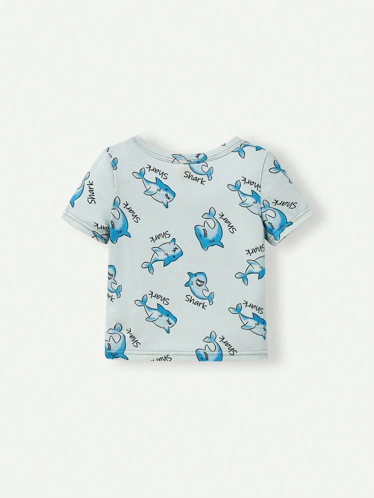 Baby Boy Snug Fit Pajama Set, Short-Sleeved Dolphin Patterned T-Shirt And Shorts, Casual Home Clothing, 2pcs