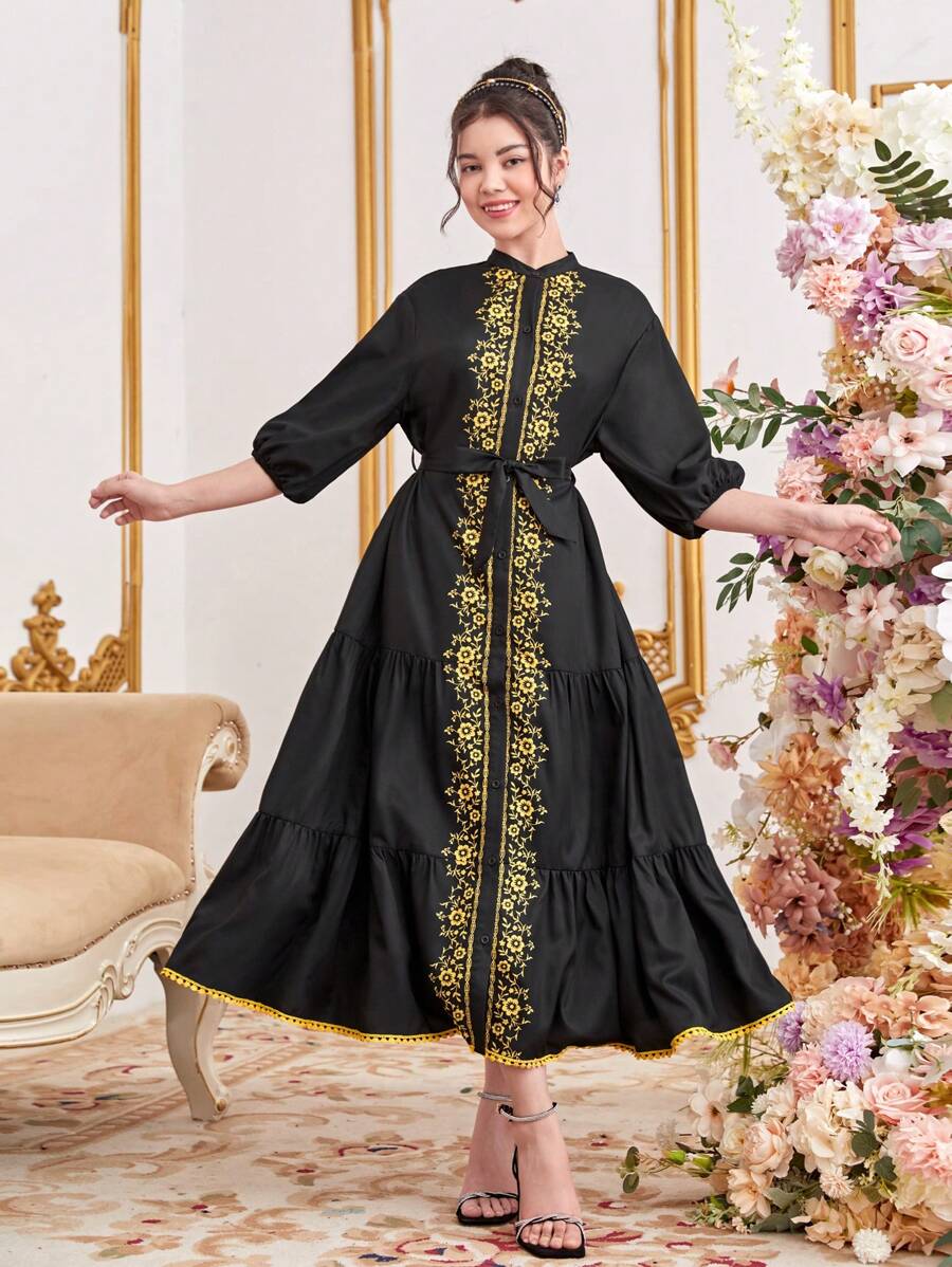 SHEIN Elegantes Farbblock Blumenkleid Für Teenager-mädchen