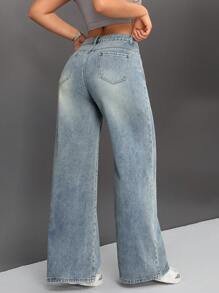 SHEIN ICON 女性復古寬腳牛仔褲,帶口袋 - 淺色水洗藍 - 查看 2