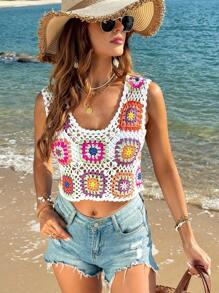 Breezaya Floral Pattern Sleeveless Crochet Knit Top - Multicolor - View 5