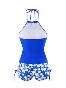Swim Lushoire Conjunto de Tankini con top halter de unicolor para mujer en la playa con impresión de flores y pantalones cortos tipo boxeador - azul real - View 2