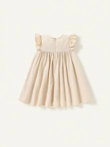 Cozy Pixies Baby Girl Floral Embroidery Round Neck Dress With Ruffle Trim And Waist Tie - Apricot - View 2
