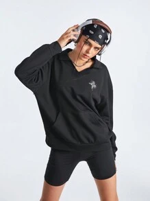 SHEIN Street Sport Women's Star Print Turn-Down Collar Sports Sweatshirt - Black - View 4