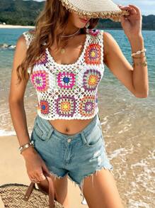 Breezaya Floral Pattern Sleeveless Crochet Knit Top - Multicolor - View 4