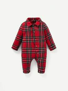 Cozy Pixies 男嬰格子呢圖案前紐扣襯衫連體褲 - 紅色 - 查看 6