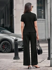 SHEIN Frenchy 女性純色立領短袖上衣和長褲套裝 - 黑色 - 查看 5