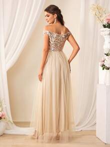SHEIN Belle Women's Sequined Off Shoulder Bridesmaid Dress - Apricot - View 2