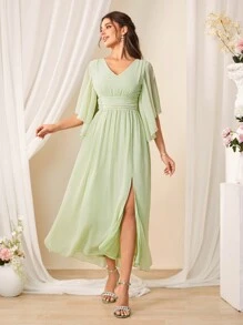 SHEIN Belle 女士伴娘禮服,高開叉和收腰設計 - 綠色 - 查看 4