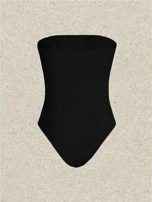 SHEIN EZwear Women's Solid Color Strapless Bodysuit - Black - View 8