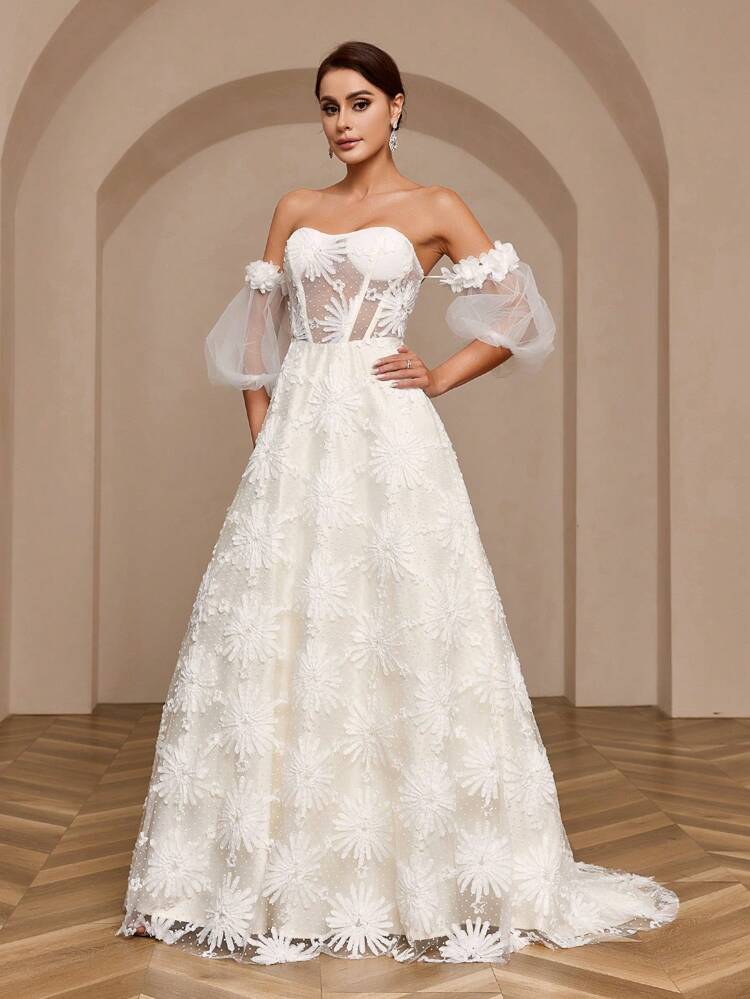 Off-Shoulder Floral Fabric 3d Flowers Tie Back Long Train Wedding Dress