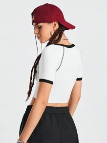 Street Sport Women's Raglan Short Sleeve Letter Patchwork Contrast Color Hemline Asymmetric Neck Sport T-Shirt - White - View 2