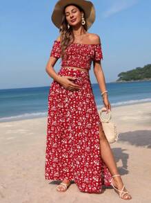 SHEIN Maternity Flower Print Off-Shoulder Shirred Top With Ruched Hem And A-Line Skirt Set - Red - View 5