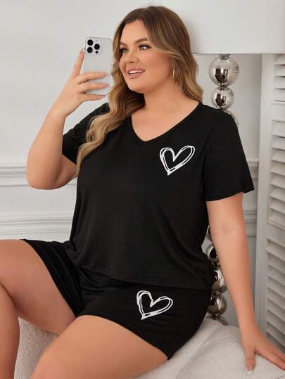大码女式简约心形印花短袖 T 恤和短裤睡衣套装睡衣套装