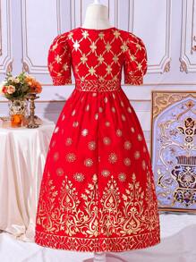 SHEIN 女童短袖泡泡袖金色花卉圖案洋裝 - 紅色 - 查看 2