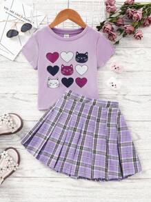 SHEIN Trẻ Cô gái Mát mẻ Phong cách đường phố Tim & Mèo in Ngắn tay Áo thun , Rô Chân Váy xếp ly Đối với Mùa xuân/Mùa hè - Nhiều màu - Xem 1