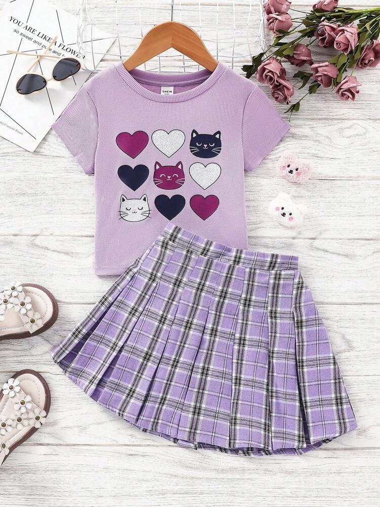 Young Girl's Cool Street Style Heart & Cat Print Short Sleeve T-Shirt, Gingham Pleated Skirt For Spring/Summer
