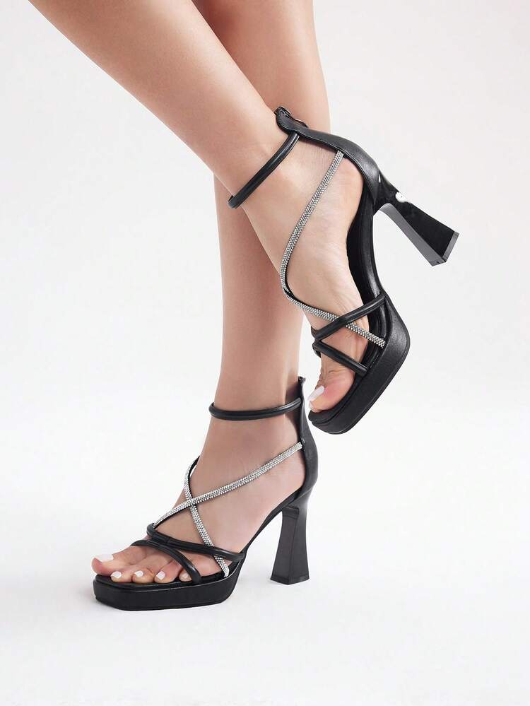 Summer Woman Shoes Chunky Heel High Heeled Sandals With Black Rhinestone Detailing, Waterproof Platform And Square Toe For Spring And Summer