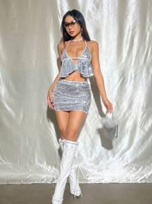 SHEIN Unity Women's Metallic Halter Neck Top - Silver - View 7