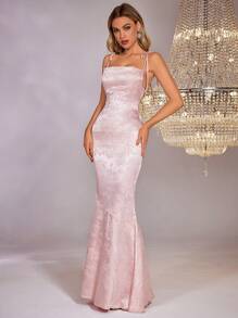 PARTHEA Backless Crisscross Tie Up Jacquard Satin Long Dress - Pink - View 4