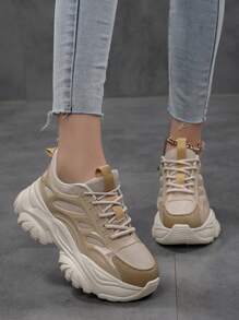 運動風前置厚底運動鞋,everyday Collection時尚厚底彩色圖案綁帶平台鞋,輕便透氣網布女運動鞋,戶外運動鞋,女士網球鞋 - 卡其色 - 查看 2