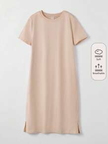 SHEIN Girls 100% Cotton Solid Split Hem Tee Dress - Khaki - View 1